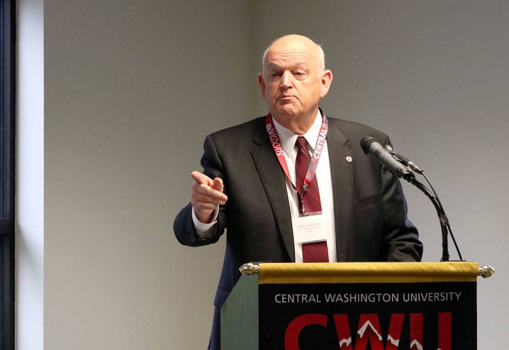 President James Gaudino welcomes everyone to the event and describes what classes and services the new campus will offer. Evan Pappas/staff photo