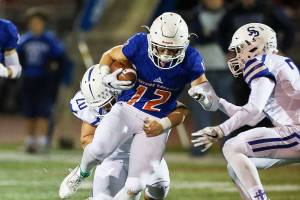 Photo courtesy of Rick Edelman/Rick Edelman Photography                                The Eastside Catholic Crusaders football team cruised to a 42-13 victory against Seattle Prep in their final regular season home game of the 2017 season on Oct. 13 in Sammamish. Eastside Catholic improved their overall record to 7-0 with the win. Eastside Catholic senior receiver Marcus Stoebner (pictured) fights for extra yardage against the Seattle Prep defense.