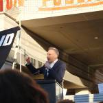 King County Executive Dow Constantine tells President Trump that he is &ldquo;failing the American people&rdquo; at the protest of U.S. Secretary of Education Betsy DeVos&rsquo; trip to Bellevue on Friday. Nicole Jennings/staff photo