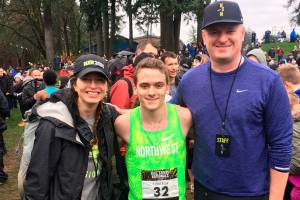 Photo courtesy of Troy Anderson                                Eastlake Wolves senior Cross Country runner Nate Pendleton, center, rose to the occasion in the final race of his high school career. Pendleton captured 49th place, clocking a time of 15:55.1 at 2017 Nike Cross Nationals on Dec. 2 in Portland, Oregon.