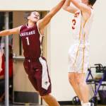 Photo courtesy of Rick Edelman/Rick Edelman Photography                                 Eastlake Wolves senior Jaxon Williams, left, plays stellar defense against Newport shooting guard Elliot Thompson. Newport defeated Eastlake 43-39 on Dec. 8 at Newport High School in Factoria.
