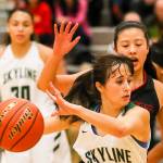 Photo courtesy of Rick Edelman/Rick Edelman Photography                                The Newport Knights girls basketball team earned a 68-58 win against the Skyline Spartans on Dec. 15 at Skyline High School in Sammamish. Skyline dropped to 4-2 overall with the loss. Skyline senior guard Annie Taylor (pictured) dribbled the ball toward the basket against Newport.