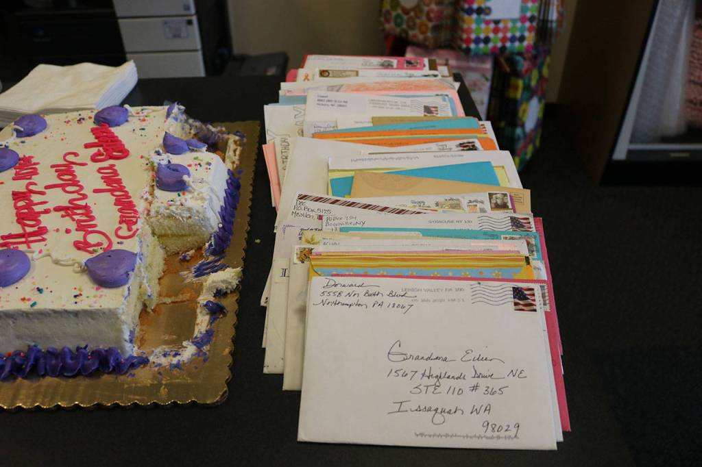 Letters and cards from across the country and as far away as Germany came for Wilkinson at The UPS Store in the Issaquah Highlands. The letters were written by people Wilkinson has never met who were touched by her story on social media. Nicole Jennings/staff photo