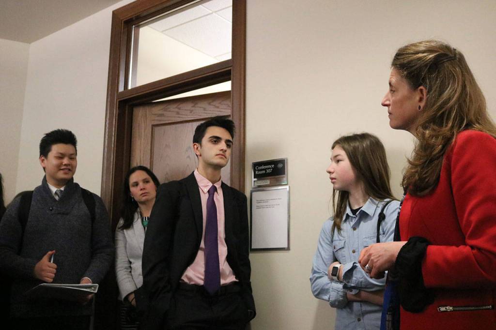 Rep. Tana Senn (D-Mercer Island) of the 41st District speaks with the students about House Bill 1054, which would raise the tobacco age in Washington to 21. Nicole Jennings/staff photo