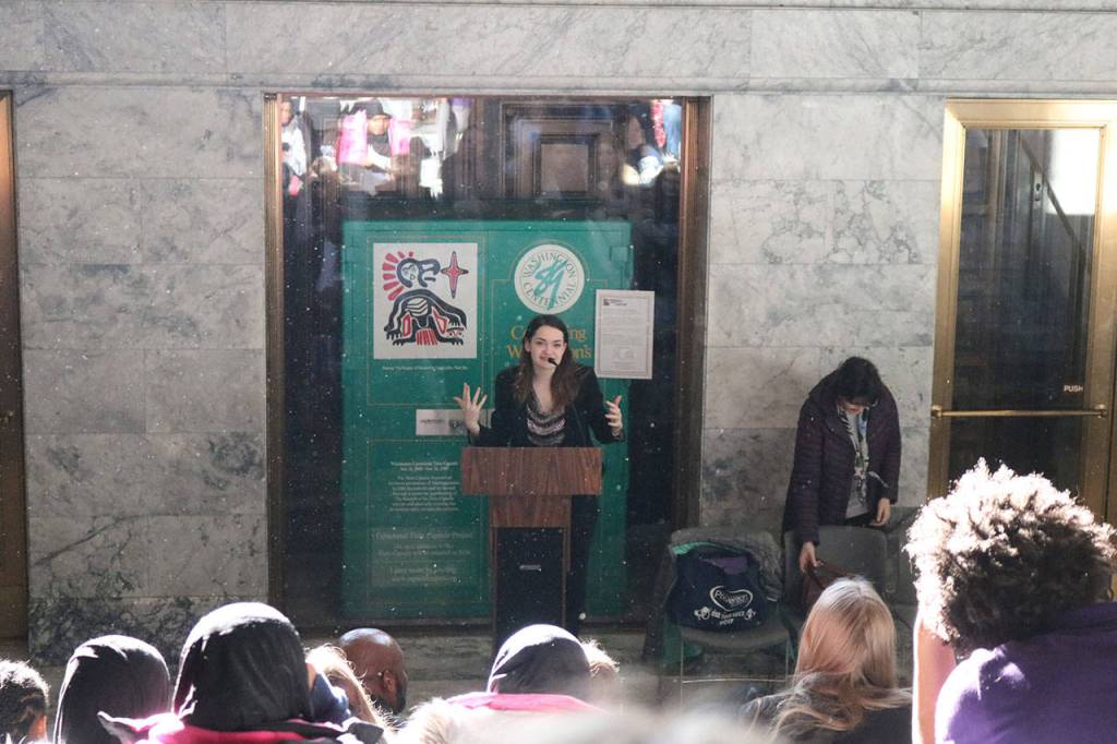 Hannah Stewart, a senior at Mercer Island High School, leads the annual Prevention Policy Day Rally, attended by about 200 students from around the state. Nicole Jennings/staff photo