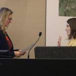Issaquah Mayor Mary Lou Pauly, left, swears in newly-appointed Councilmember Victoria Hunt, right, at Mondays meeting. Nicole Jennings/staff photo