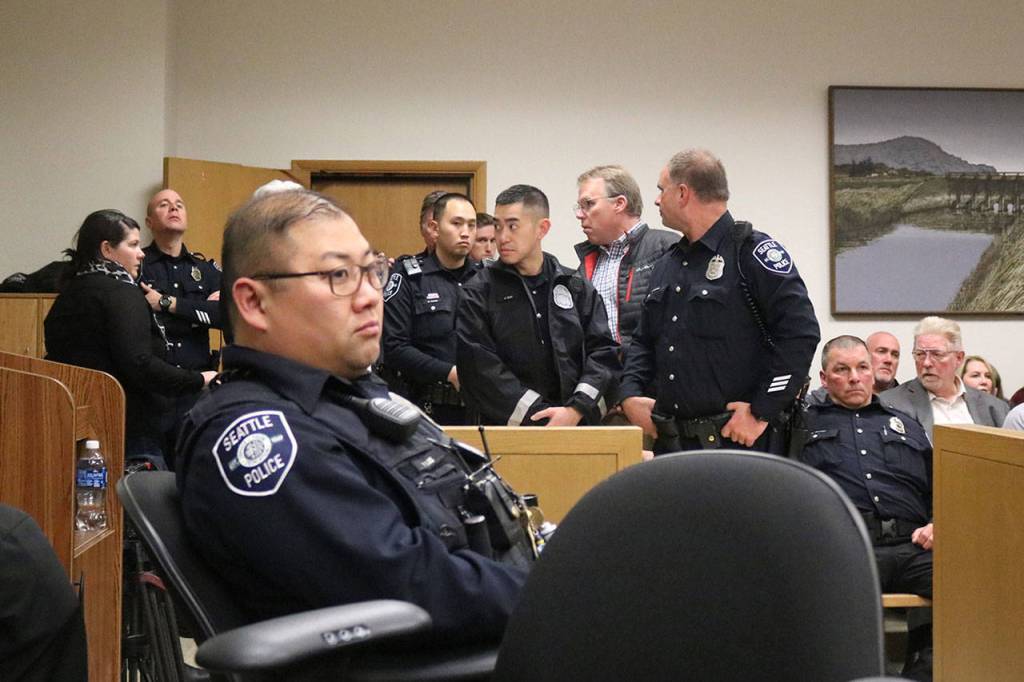 Around 10 of the people in attendance were members of the Seattle Police Department, colleagues of Mo Radcliffes father. Nicole Jennings/staff photo