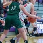 Photo courtesy of Patrick Krohn/Patrick Krohn Photography                                Skyline Spartans senior Carly Werner, left, plays defense in the paint against the Newport Knights in a loser-out, KingCo 4A playoff game. Skyline defeated Newport 72-57 on Feb. 15 at Lake Washington High School in Kirkland.