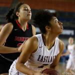 Photo courtesy of Don Borin/Stop Action Photography                                Eastlake Wolves forward Mae Bryant scored 12 points and pulled down 12 rebounds against the Camas Papermakers on March 1 at Tacoma Dome. The Wolves captured a 58-27 victory against the Papermakers to clinch a berth in the Class 4A state semifinals.