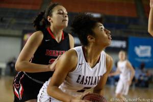 Photo courtesy of Don Borin/Stop Action Photography                                Eastlake Wolves forward Mae Bryant scored 12 points and pulled down 12 rebounds against the Camas Papermakers on March 1 at Tacoma Dome. The Wolves captured a 58-27 victory against the Papermakers to clinch a berth in the Class 4A state semifinals.