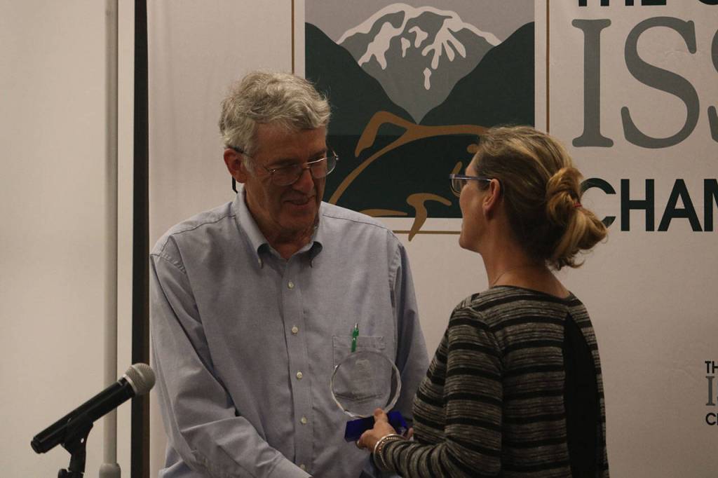 Issaquah mayor Mary Lou Pauly presents David Kappler with one of two Hall of Fame awards. The other was presented to Fred Butler who was also named Citizen of the Year. Aaron Kunkler/Staff photo