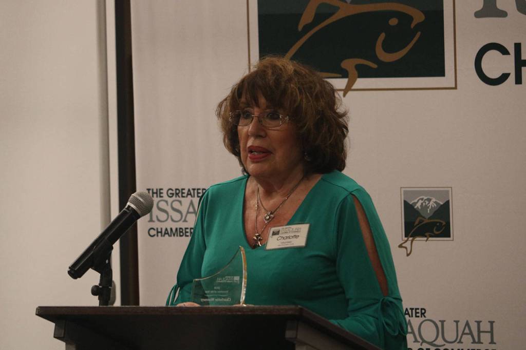 Charlotte Mooney was awarded the Salmon Days Volunteer of the Year recognition by the Greater Issaquah Chamber of Commerce. Aaron Kunkler/Staff photo