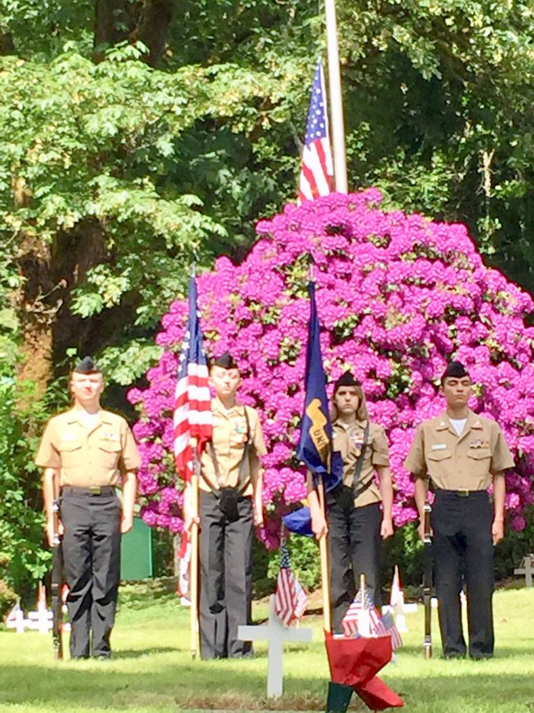 The Boy Scout Color Guard enter the Memorial Day event at Lower Hillside Cemetery. William Shaw/Staff Photo                                The Liberty High School Junior ROTC enter the Memorial Day event at Flintofts Funeral Home. William Shaw/Staff Photo