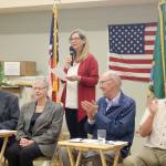 Issaquah Mayor Mary Lou Pauly led a question and answer panel with former mayors Keith Hanson, Rowan Hinds, Ava Frisinger, and Fred Butler at the Issaquah Senior Center. Evan Pappas/Staff Photo