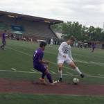 Shaun Scott, staff photo                                Skyline Spartans midfielder Dennis Bilginer, right, tries to maneuver around Pasco midfielder Kevin Meraz Rodriguez, left, in the first half of the Class 4A state soccer championship game on May 26 at Sparks Stadium in Puyallup. Pasco defeated Skyline 1-0 in overtime.