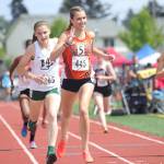 Photo courtesy of Don Borin/Stop Action Photography                                Eastside Catholic Crusaders sophomore Kate Jendrezak (pictured) finished in first place in the 800 with a time of 2:12.04 at the Class 3A state track meet on May 26 at Mount Tahoma High School in Tacoma. Peninsula freshman Linsey Lovrovich finished in second place with a time of 2:12.30.
