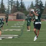 Skyline Spartans sophomore wide receiver Karl Herrmann hauls in a pass during a spring football practice session on June 12 at Skyline High School in Sammamish. Shaun Scott, staff photo