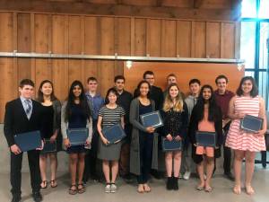 From left to right, back row: Nicolas Woolwine, Isaac John Perrin, Lucas Wall, Bradley Ross Cagle, Daniel Liu, Tyler Paul Zangaglia; front row: Scott Cavanagh, Michelle Um, Divya Parimi, Anna Wang, Jessica Wells, Jamie Ellen Hudson, Khushi Manish Chaudhari, Shawdi Mehrvarzan. Photo by Brandi Comstock. Photo courtesy of the Lake Washington Schools Foundation