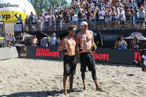 The doubles team consisting of Taylor Crabb (Honolulu, Hawaii) and Jake Gibb (Bountiful, Utah) earned first place in the mens AVP Seattle Beach Open volleyball championship match on June 25 at Lake Sammamish State Park in Issaquah. The duo of Crabb/Gibb, which were the No. 3 seed coming into the tourney, defeated the No. 1 seeded squad of Phil Dalhausser/Nick Lucena 2-0 (21-16, 21-19) in the finals.                                Its a huge feat to play in the finals, especially against a team like Nick and Phil, who are one of the greats, Gibb said in a press release. It was a solid match and we tried to remain calm and be consistent throughout it.                                Photo courtesy of Rick Edelman/Rick Edelman Photography