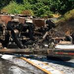 The dump truck was engulfed in flames when first responders arrived on the scene. Photos courtesy of Washington State Patrol Trooper Rick Johnson