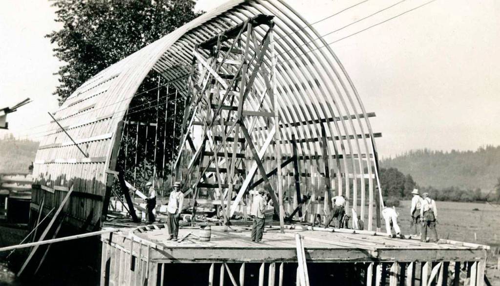 Building a new barn at the Barlow farm, circa 1930s. The Barlow farm was at the south end of Lake Sammamish, and Arie Pillie worked there. (Courtesy of Issaquah History Museums)