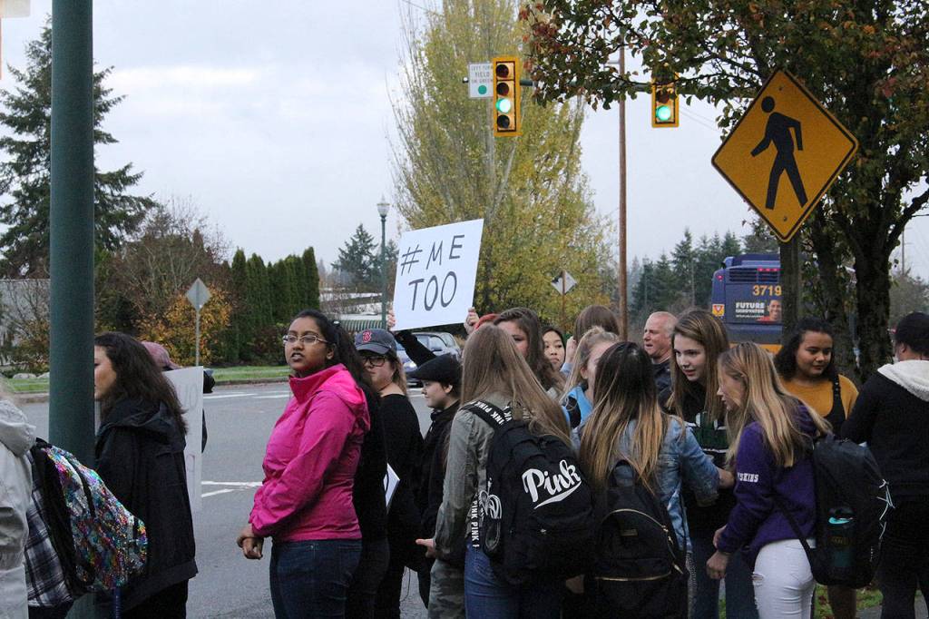 Skyline High School students and community protest perpetuation of rape culture following ISD lawsuit. Student holds sign that says #MeToo. Madison Miller/staff photo.