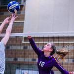 Issaquah senior outside hitter Liz Gorski (pictured) hits the ball over the net, keeping the play alive against Glacier Peak. Issaquah defeated Glacier Peak 3-0, clinching a berth in the Class 4A state volleyball tournament on Nov. 16-17 at the Yakima SunDome. Photo courtesy of Don Borin/Stop Action Photography