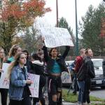 Skyline High School students and community protest perpetuation of rape culture following ISD lawsuit. Left: Chloe Strandwold, senior and organizer of protest; center: Amelia Danyuk, senior, holds sign saying Dont Tell Me How to Dress! Tell Them Not to Rape. Photo by Madison Miller