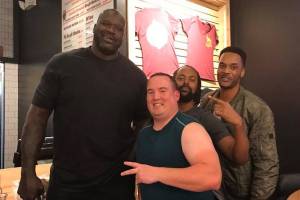 Sportswriter Shaun Scott and his friends Brian Walker and Tony Walker met NBA legend Shaquille ONeal at Big Chicken restaurant in Las Vegas, Nevada on Nov. 24. Courtesy photo