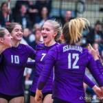 Issaquah Eagles volleyball player Sidney Cottrell (No. 7) celebrates with her teammates after they scored a point during the 2018 season. Cottrell, who was a junior during the 2018 season, earned Washington State Volleyball Coaches Association all-state, honorable mention honors for her play at the middle blocker position this past season. Photo courtesy of Don Borin/Stop Action Photography