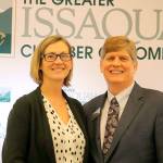 Issaquah Mayor Mary Lou Pauly and ISD superintendent Ron Thiele present the current status of the city and the school district at chamber luncheon. Evan Pappas/staff photo.