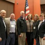 Congressional representatives Adam Smith and Kim Schirer spoke at the Feb. 20 meeting of the 41st Legislative District Democrats. From left: Bellevue City Councilmember John Stokes, Sammamish City Councilmember Jason Ritchie, Rep. Adam Smith, Rep. Kim Schrier, Mercer Island City Councilmember Wendy Weiker, and Sammamish City Councilmember Pam Stuart. Evan Pappas/Staff Photo
