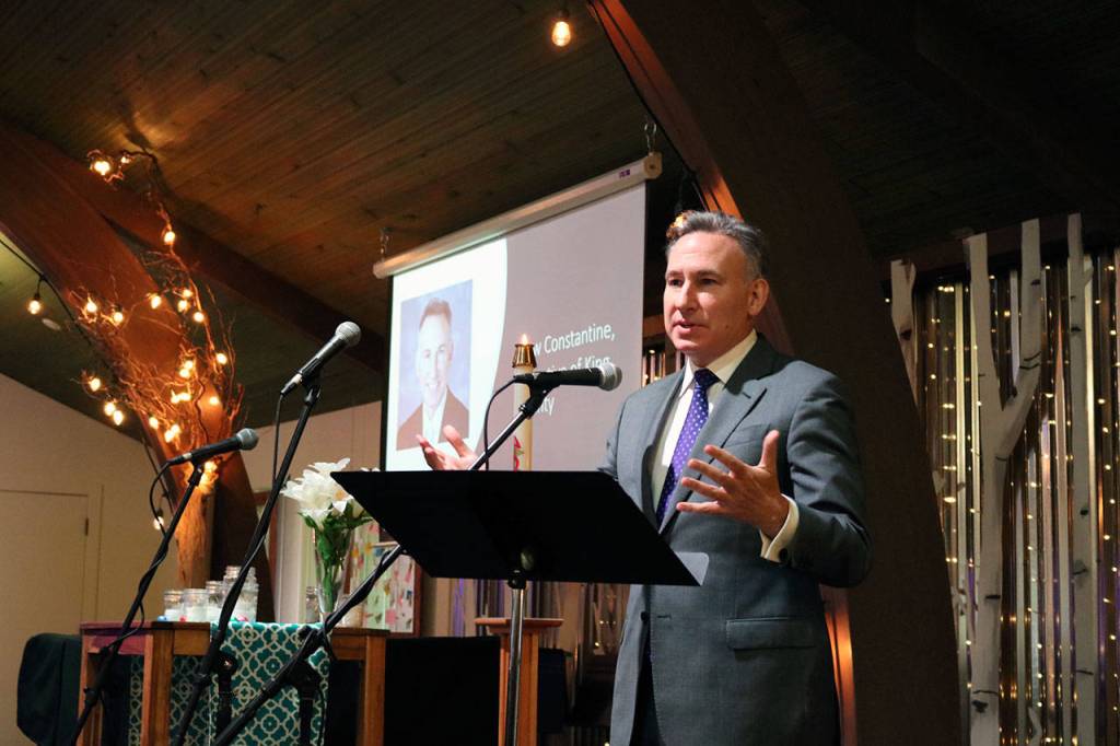 King County Executive Dow Constantine gives his remarks at the groundbreaking celebration for the Eastsides first permanent women and family shelter. The shelter is funded by community support, King County, Kirkland and Washington state. Kailan Manandic/staff photo