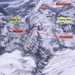 An aerial photo of Liberty Ridge. According to the National Park Service, it takes an estimated 8 to 9 hours to hike from Thumb Rock to Columbia Crest (2.5 miles and 5,000 feet of elevation gain). The climbers were rescued from between Columbia Crest, Mount Rainiers highest peak, and Liberty Cap, the mountains lowest peak. Image courtesy National Park Service                                An aerial photo of Liberty Ridge. According to the National Park Service, it takes an estimated 8 to 9 hours to hike from Thumb Rock to Columbia Crest (2.5 miles and 5,000 feet of elevation gain). The climbers were rescued from between Columbia Crest, Mount Rainiers highest peak, and Liberty Cap, the mountains lowest peak. Image courtesy National Park Service