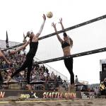 Emily Day, left, and Kelley Larsen, right, battle it out at the net during the womens championship match at 2019 AVP Seattle Open on June 23 at Lake Sammamish State Park. Photo courtesy of Robert Beck