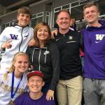 Doug Crandall (pictured in the black Nike sweatshirt) was hired as the new Issaquah Eagles girls basketball head coach in late May. Crandall is pictured with his wife Stephanie and children Timmy, Jason, John and Mackenzie while attending the state track meet at Mount Tahoma High School in late May. Photo courtesy of the Crandall family