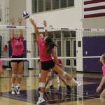 The Eagles volleyball team scrimmages during practice. Benjamin Olson/ staff photo
