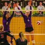 Senior middle hitters Maya Patton (2) and Sidney Cottrell (4) were both named to the 4A KingCo all-league teams. Photo courtesy of Don Borin/Stop Action Photography