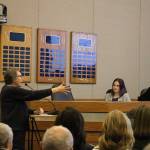 Daphne Gahne, a Providence Point resident addresses city council about the negatives of building a comprehensive high school so close to the Providence Point property at the Nov. 12 council study session. From left: Daphne Gahn, councilmember Lindsey Walsh and councilmember Chris Reh. Madison Miller / staff photo