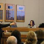 Daphne Gahne, a Providence Point resident addresses city council about the negatives of building a comprehensive high school so close to the Providence Point property at the Nov. 12 council study session. From left: Daphne Gahn, councilmember Lindsey Walsh and councilmember Chris Reh. Madison Miller / staff photo