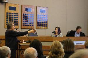 Daphne Gahne, a Providence Point resident addresses city council about the negatives of building a comprehensive high school so close to the Providence Point property at the Nov. 12 council study session. From left: Daphne Gahn, councilmember Lindsey Walsh and councilmember Chris Reh. Madison Miller / staff photo