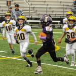 Issaquah quarterback Brady Barry (in purple) runs with the ball during the Rookie Eagles 24-0 shutout win against the Bellevue Wolverines on Nov. 16. Photo courtesy of Tricia Barry
