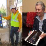 Left: Nicholas Frei of Emil Frei Associates, Inc. during the removal of the Providence Heights chapels glass windows in 2018 in Issaquah. Photo courtesy of Sisters of Providence, Mother Joseph Province. Right: Sister Judith Desmarais, Sisters of Providence Provincial Leader who was a student at Providence Heights College, holding a photo of the window depicting the Prophecy of Simeon, one of the Seven Sorrows of Mary. Photo by Natalie DeFord.