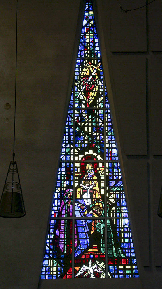 The Providence Heights College chapel window depicting the Prophecy of Simeon, one of the Seven Sorrows of Mary. Courtesy of Sisters of Providence, Mother Joseph Province.