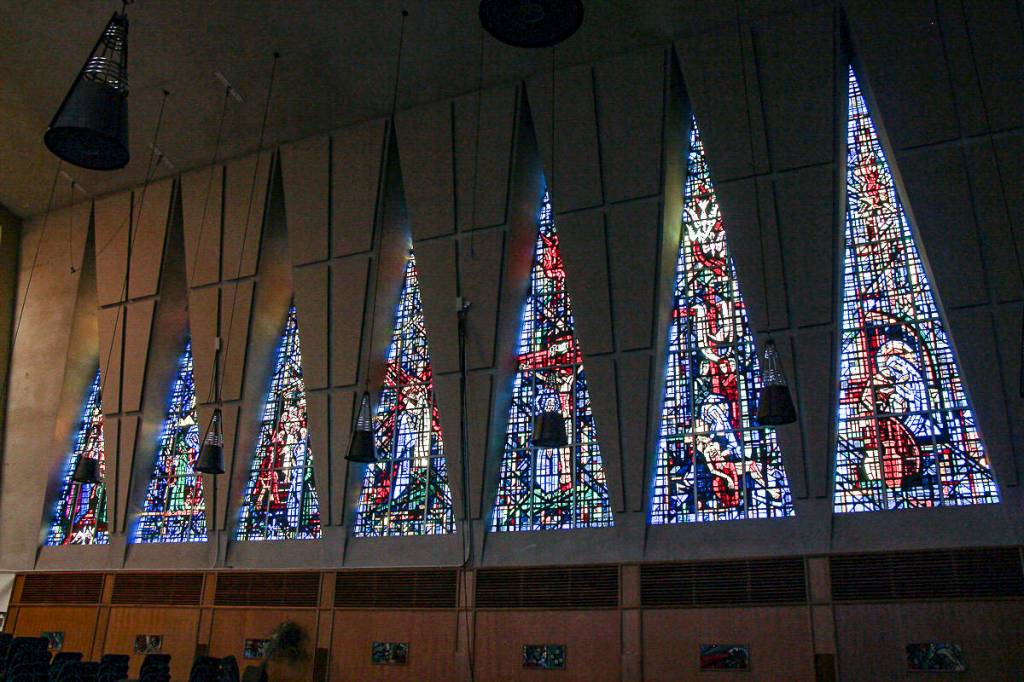 Inside the Providence Heights Chapel, the seven windows depicting the Seven Sorrows of Mary. Courtesy of Sisters of Providence, Mother Joseph Province.