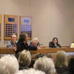 Daphne Gahne, a Providence Point resident, addresses city council about the negatives of building a comprehensive high school so close to the Providence Point property at the Jan. 21 council meeting. From left: Zach Hall, Daphne Gahn, Barbara de Michele, Lindsey Walsh and Stacy Goodman. Madison Miller/staff photo