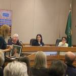 Madison Miller/staff photo                                Sue Reed, an ISD parent, addressed the council in favor of the rezone so her daughters can be relieved from overcrowding. From left, Zach Hall, Sue Reed, Barbara de Michele, Stacy Goodman and Tola Marts.