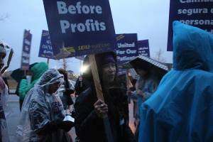 Madison Miller/staff photo                                Carol Lightle, a Swedish nurse and bargaining committee member, leads dozens in Tuesday mornings strike.