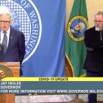 Gov. Jay Inslee (left) at a news conference in Olympia on Wednesday. (TVW)