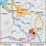 The USGS tracked how the Osceola Mudflow spread all over the Plateau and into the Sound more than 5,600 years ago. The Electron Mudflow went down the Puyallup River in the 1,500s. Image courtesy of the USGS.